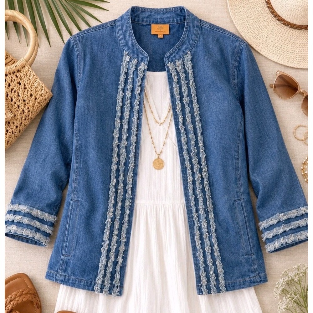 Womens Denim Jacket Large Chambray Frayed Raw Trim Boho Coastal Cottagecore Blue